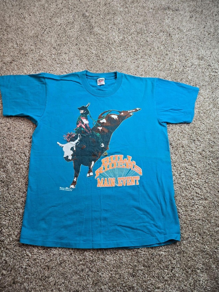 Vintage Rodeo America T Shirt Mens Large Teal Blue 90s Single Stitch Anvil USA