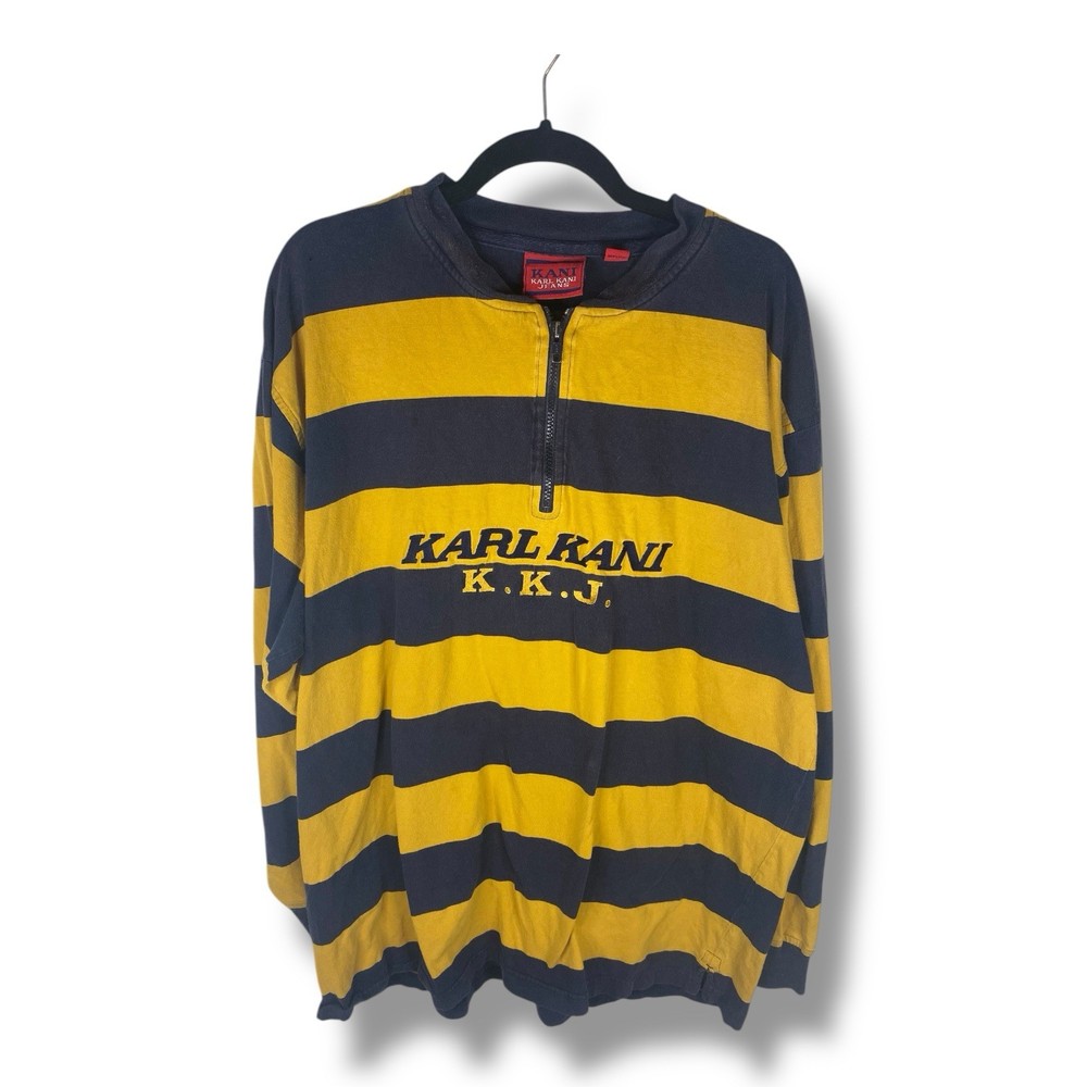 Vintage Karl Kani Striped Blue Yellow Men’s Size XL 1/4 Zip Long Sleeve