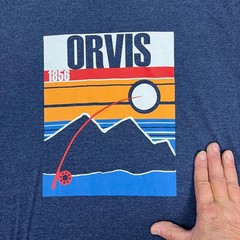 Orvis T-Shirt Mens Medium Blue Heathered Classic 1856 Fishing Graphic Mountain