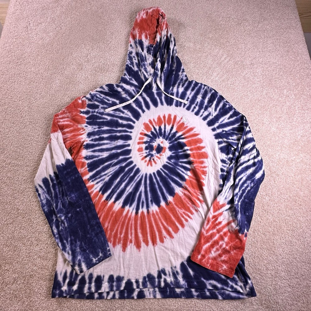 Polo Ralph Lauren Hooded T Shirt Mens L Red White Blue Tie Dye Long Sleeve Tee