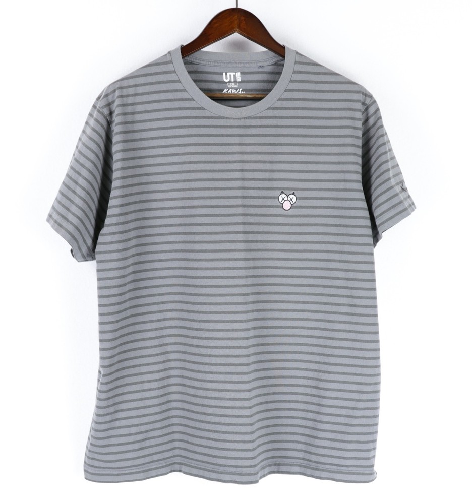 KAWS Uniqlo BFF Short Sleeve T-Shirt XXL Grey Grey Striped Embroidered Cotton