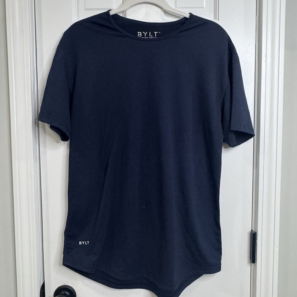 BYLT Drop Cut Shirt Mens Large Navy Short Sleeve Crew Neck Premium Basics