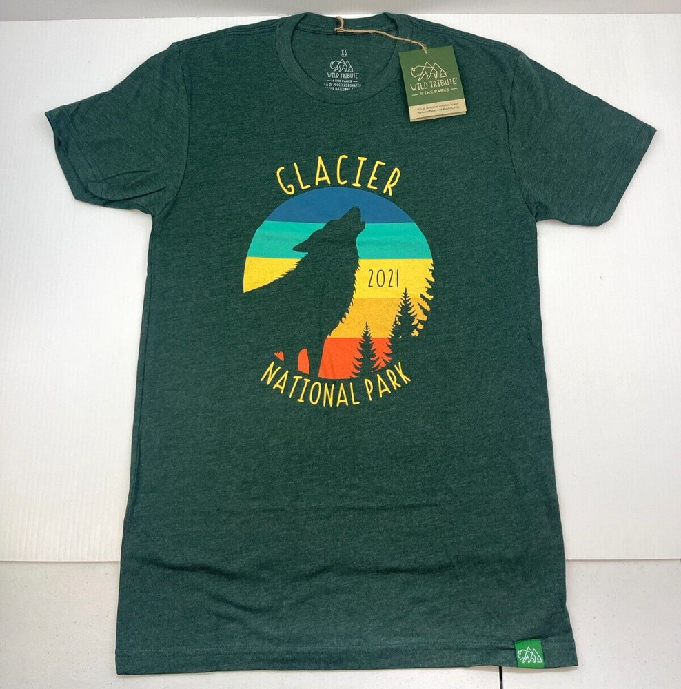Glacier National Park Shirt Mens X- Small Green Wolf Art Outdoor Montana Tourist