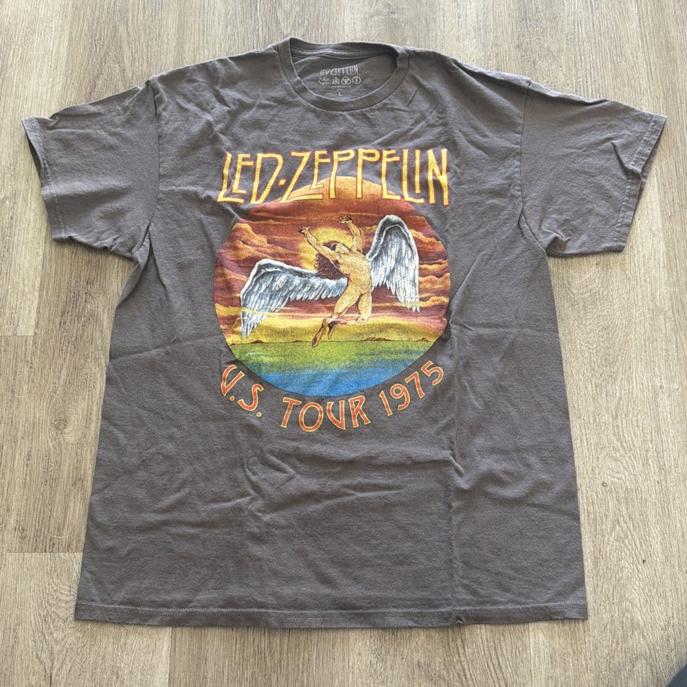Led Zeppelin U.S. Tour 1975 T-Shirt Mens Large Gray Icarus Graphic Print Cotton