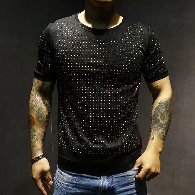 New Men Cotton Hot Drilling Polka Dot Rhinestones Black T-Shirt Short Sleeve