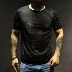 New Men Cotton Hot Drilling Polka Dot Rhinestones Black T-Shirt Short Sleeve