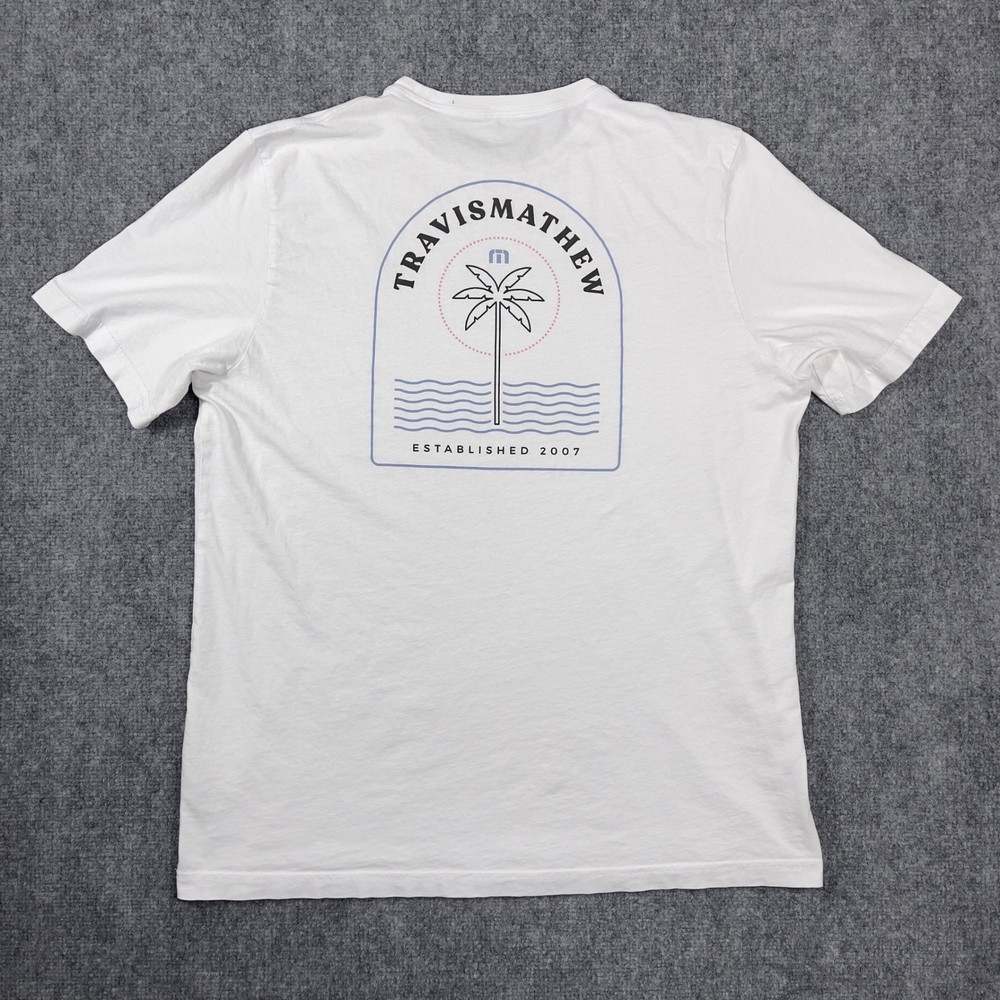TravisMathew Graphic T-Shirt Mens XL White Palm Tree Beach Established 2007