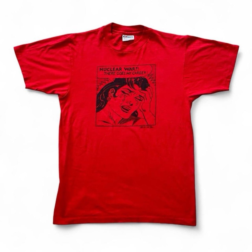 Vtg 80s Mark Vallen Lichtenstein Pop Art Change Nuclear War Career Red Shirt Sm