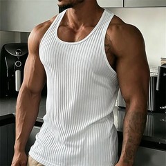 2026 New Men’s Rib Knit Tank Tops Elastic Slim Fit Fitness Gym Vest