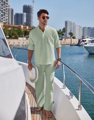 COOFANDY Men’s 2 Pieces Cotton Linen Set Long Sleeve Henley Shirts Casual Beach