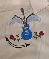 Atryone Men’s Vintage Button Up Shirt TAN Embroidered Guitar Blue Size XLarge