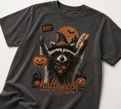 Funny Raccoon Halloween Shirt Trash Panda Witch Graphic Tee Retro Gift