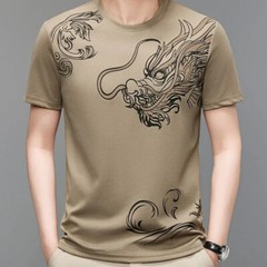 New Men Fashion Trend Dragon Rhinestones Hot Drill Short Sleeve Summer T-Shirt