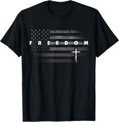 Grunge American Flag and Cross Faith Family Freedom T Shirt