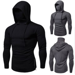 Mens Long Sleeve Hooded T-shirt Fitness Gym High Neck Stretch Shirt Hoodie