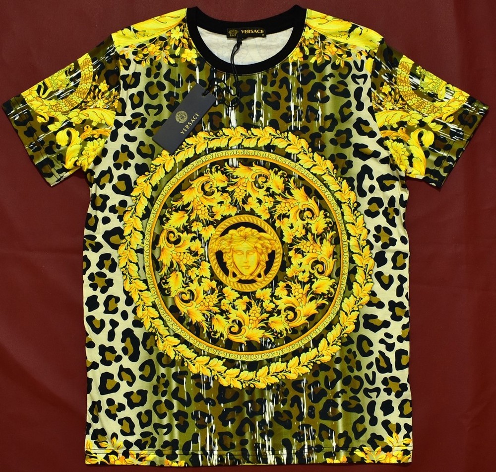 Versace Medusa Leopard Baroque Print T-Shirt Black Gold Style Tee Size L