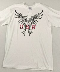 men’s Gildan size medium t-shirt crew neck white short sleeve cotton w/print