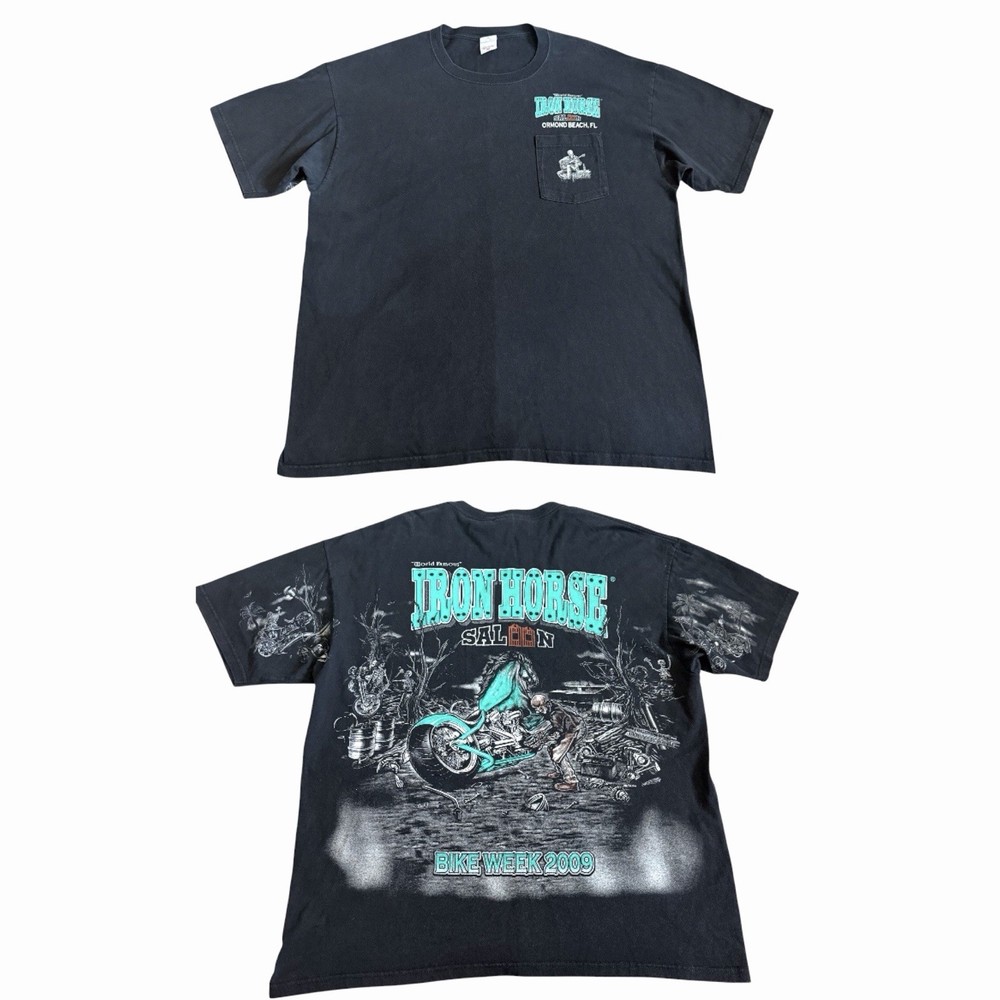 VTG Iron Horse Saloon T Shirt Sz 2XL Faded Black Bike Week 2009 Huge Graphic