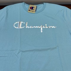 Champion Shirt Metallic Silver Foil Script Shirt Baby Blue S/S Shirt (XXL)