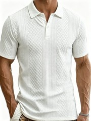 Men’s Diamond Pattern Textured Polo Shirt, Slim Fit Breathable Viscose Knit Shor