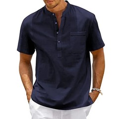 Men Cotton Linen Henley Shirt Summer Casual Beach Short Sleeve Tshirt Top Gift