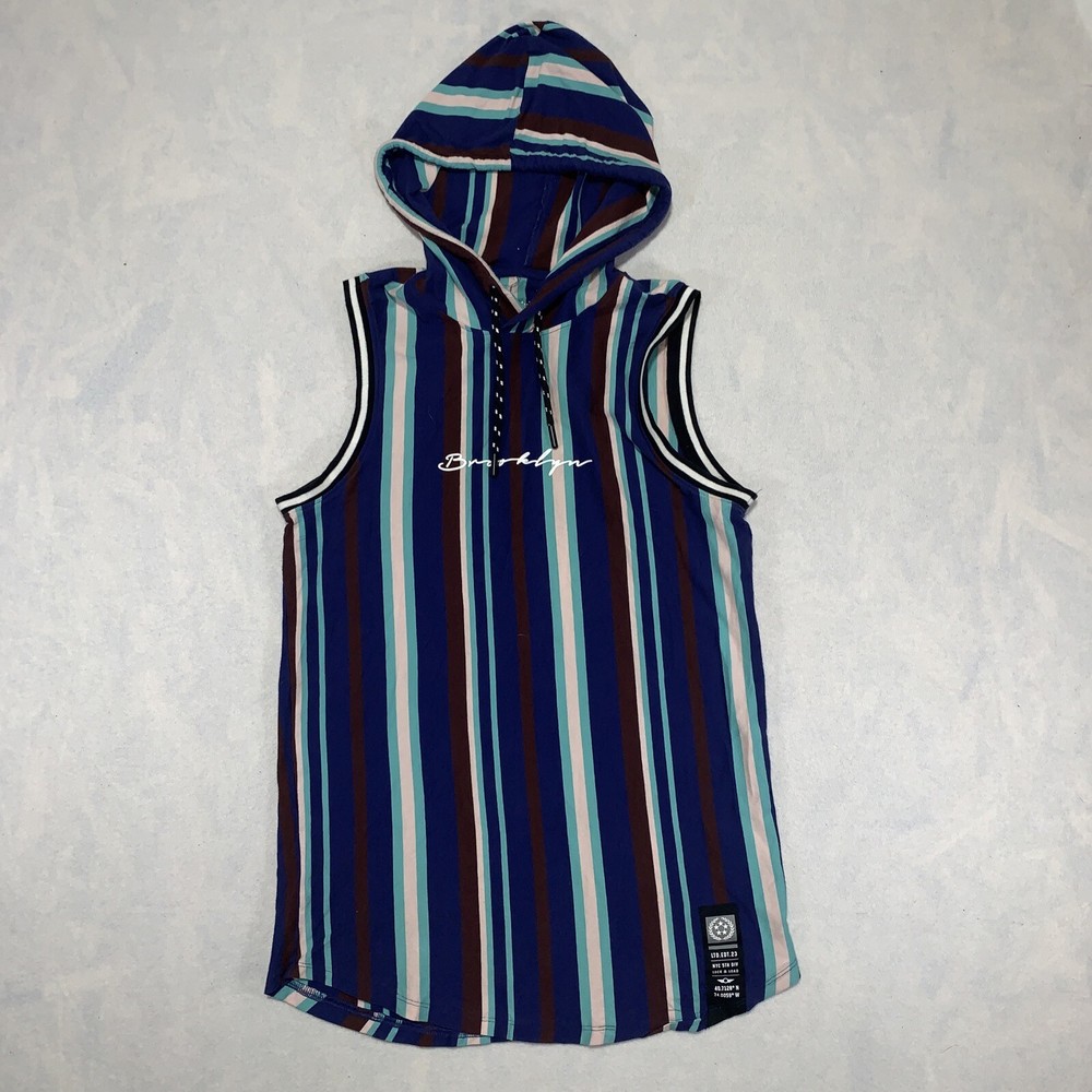 NYC Brooklyn Hooded Sleeveless T Shirt Medium Multicolor Striped Drawstring