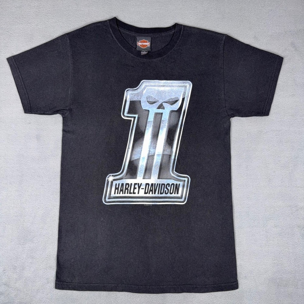 Harley Davidson T Shirt Mens S Black Number 1 Skull Dealer Biker Graphic Tee