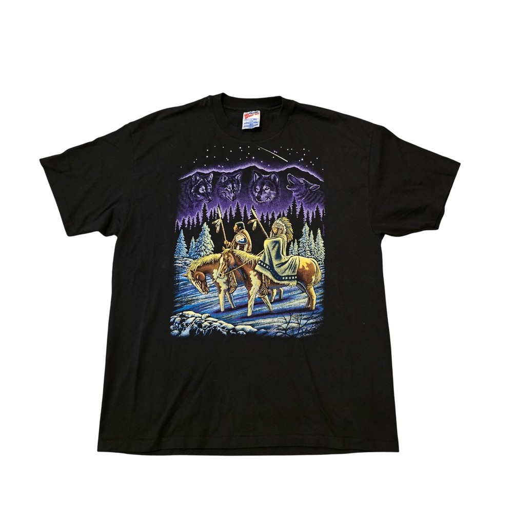 Tribal Mountain Wolf Western Aztec XL TShirt Hanes Heavyweight 90s Night Sky