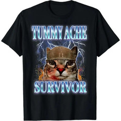 Tummy Ache Survivor Cat Meme Funny Saying Cats Animals T-Shirt for adult kids