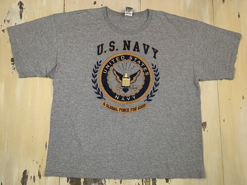 US NAVY – Vtg Gray Global Force For Good Block Letter USN T-shirt, Mens 2XL