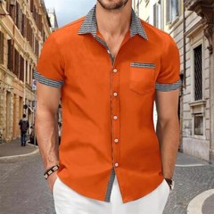 Camisa Con Botones Elegante De Manga Corta Para Hombres Sólida Cuello Levantado