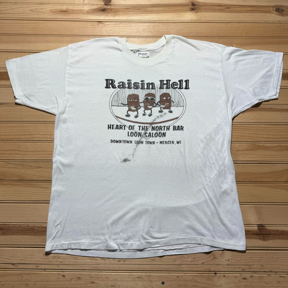 Vintage 80s Raisin Hell Heart of the North Loon Saloon Mercer WI Shirt – XL/2XL