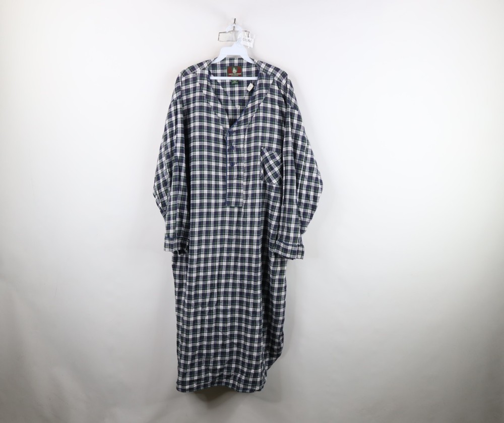 Vintage 90s Mens XL Faded Flannel Pajamas Night Gown Pullover Shirt Plaid USA