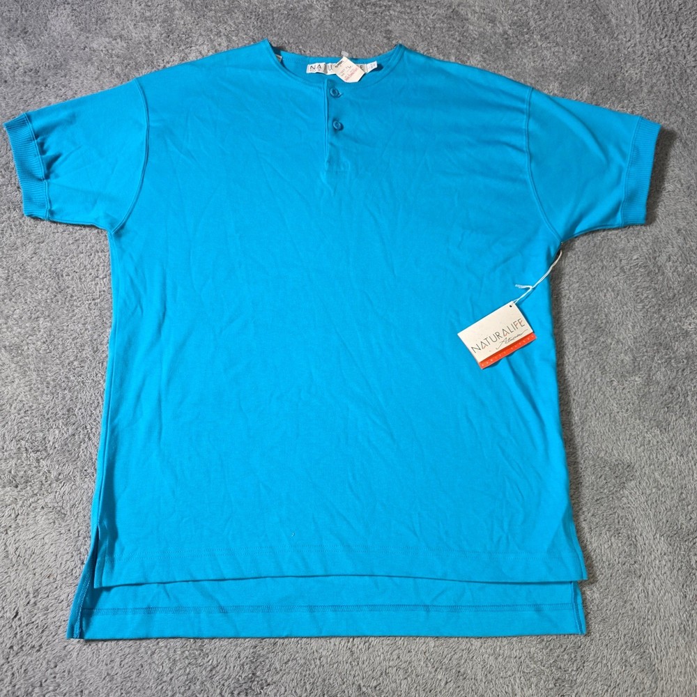 Naturalife Mens Large Henley Shirt Turquoise Blue Cotton High-Low Short Sleeve