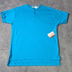 Naturalife Mens Large Henley Shirt Turquoise Blue Cotton High-Low Short Sleeve