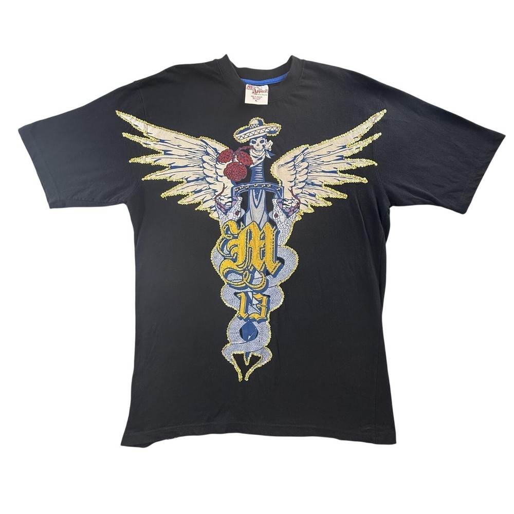 Vintage Mecca Apparel Shirt Mens XL Black Outlaws Winged Skull Roses Graphic Y2K