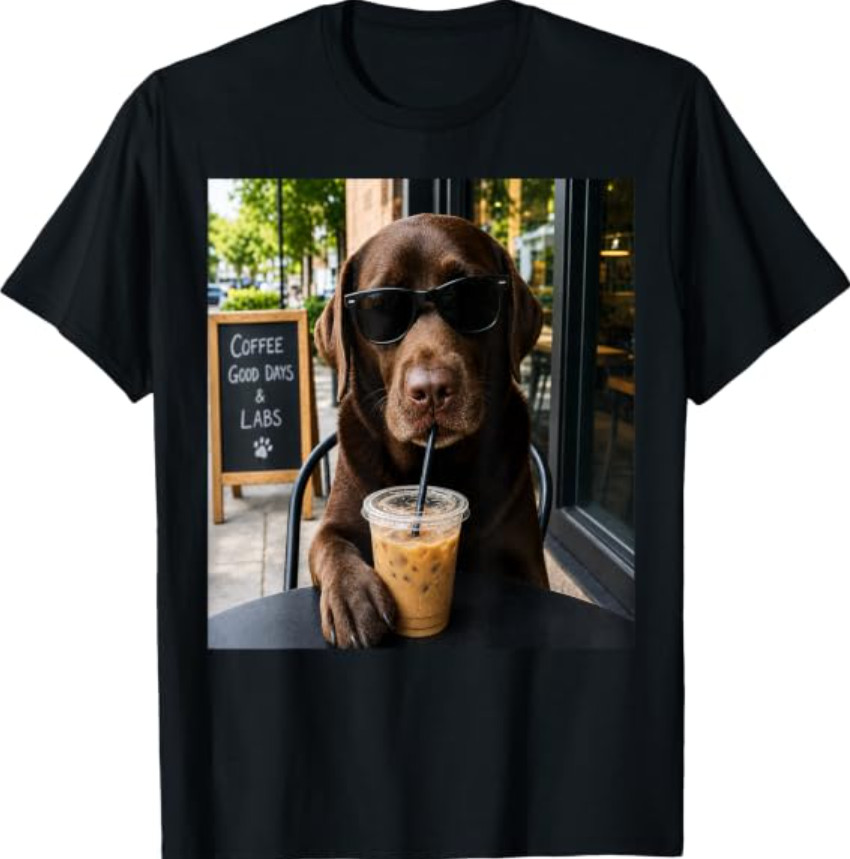 Chocolate Lab Coffee Funny Dog Cafe Lover Art T-Shirt
