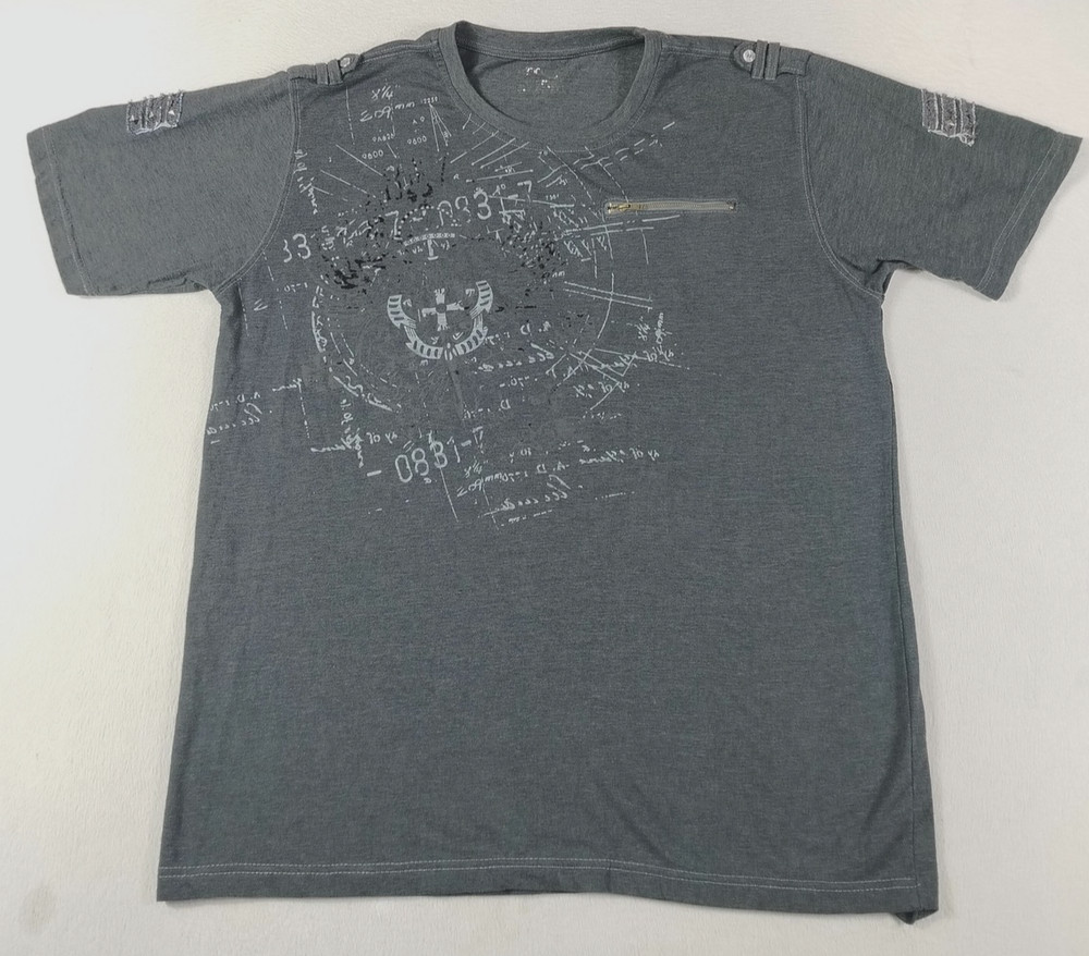 Vintage Y2K Shirt Mens Large Gray Math Print Zipper Pocket Epaulet Studded