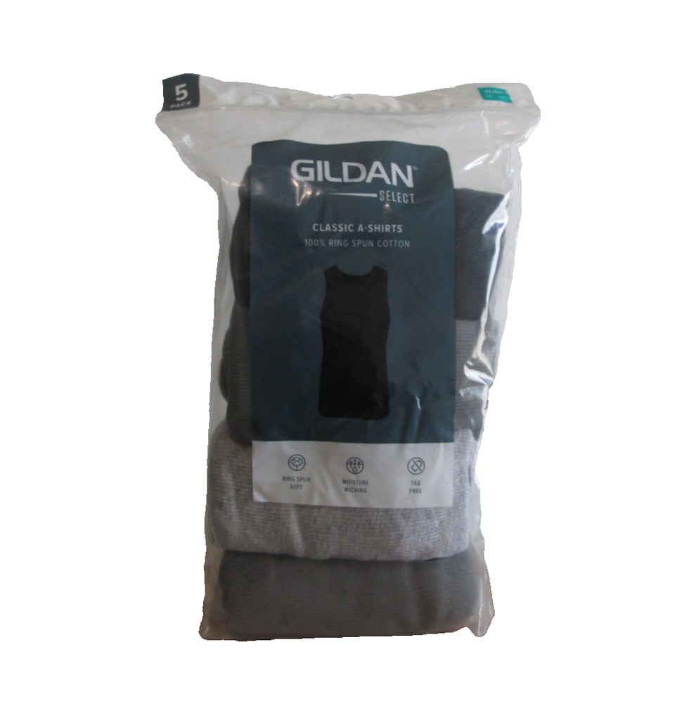 New Men’s Gildan Select 5 Pack Tag Free Black Cotton A-Shirts Tank Tops XL 46-48