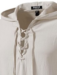 Men’s Cotton Vintage Hooded Design Short Sleeve Lace up Shirts X-Large Beige