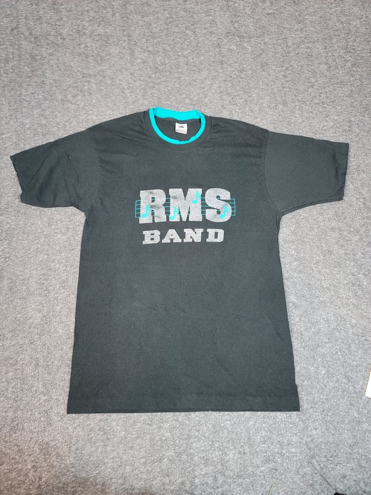 Vtg 90s Fruit of the Loom RMS Band Double Collar & Sleeve Black Teal Sz L