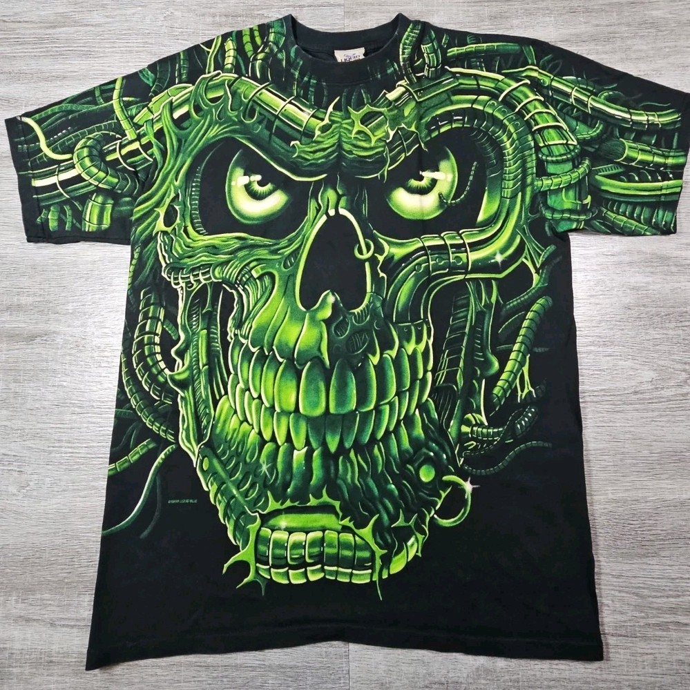 VTG Liquid Blue Terminator T Shirt Large Mens 1998 All Over Skull Print Glows