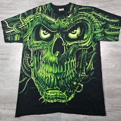 VTG Liquid Blue Terminator T Shirt Large Mens 1998 All Over Skull Print Glows