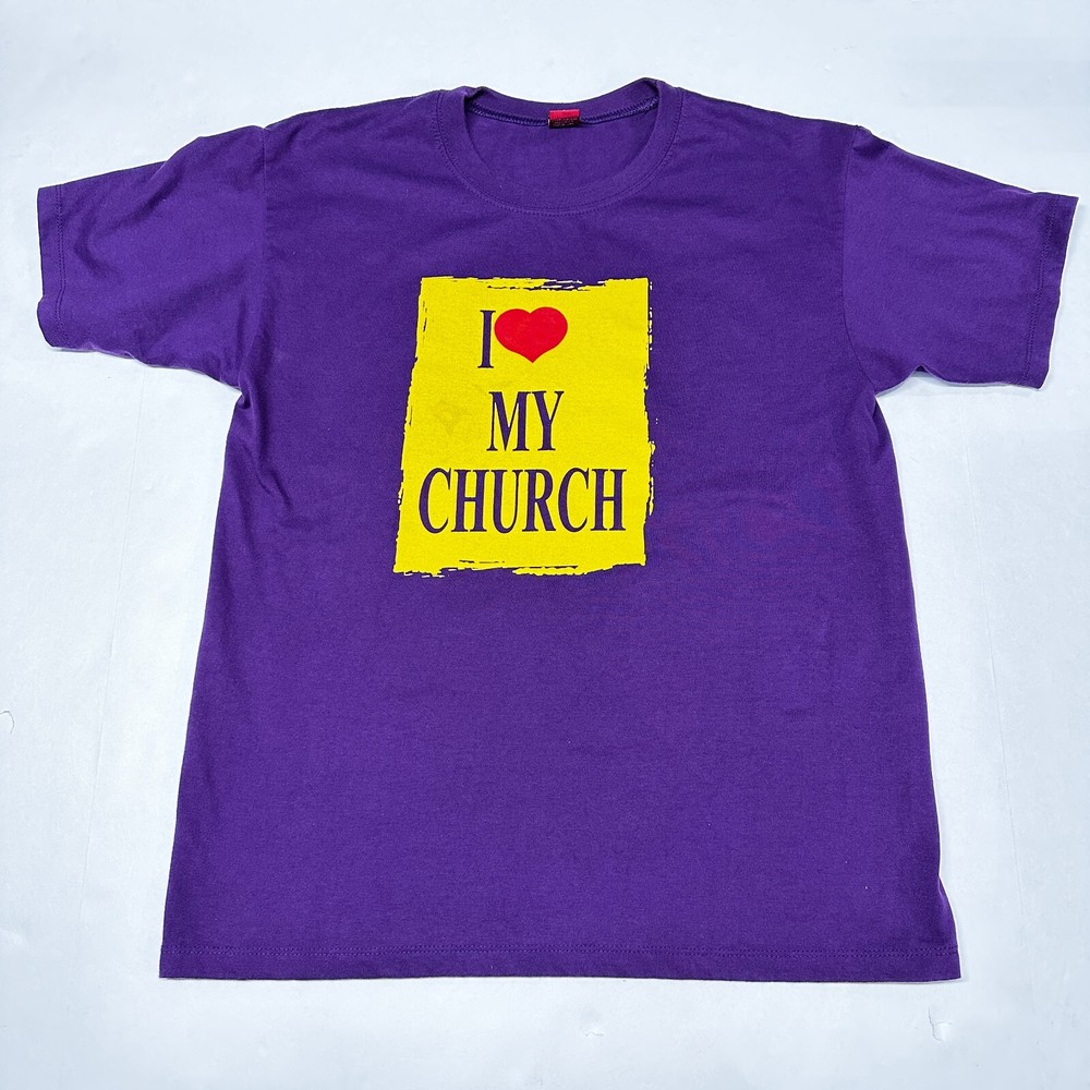VTG YALEX GOLD I LOVE MY CHURCH Religious Jesus Size Large Tshirt