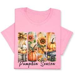 Pumpkin Season Print Shirt, Fall Tee with Sunflowers & Cart