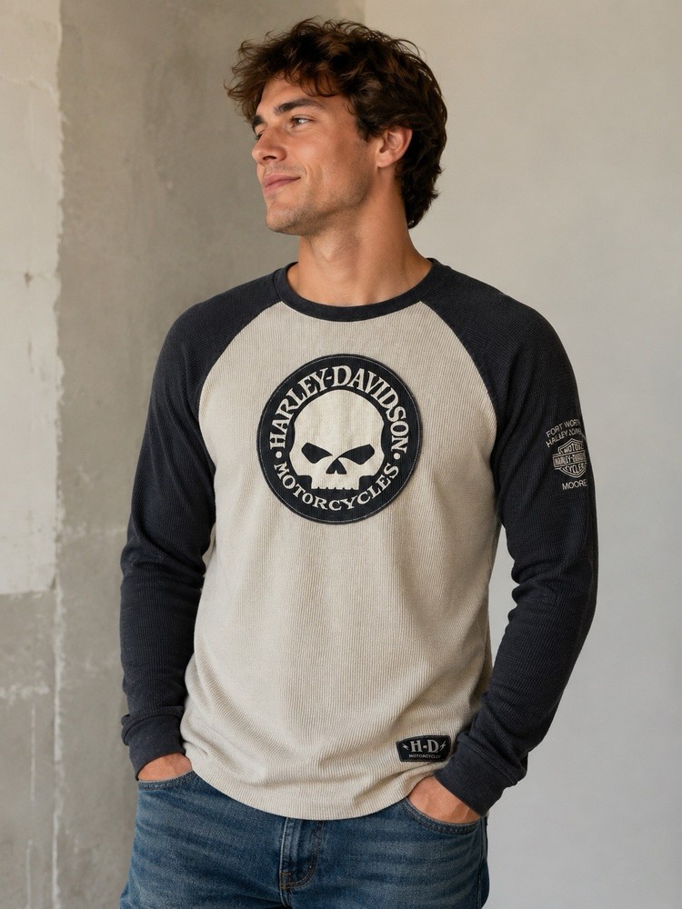 Harley-Davidson Skull Thermal Waffle Knit Raglan Shirt Men’s L Gray Cream Logo