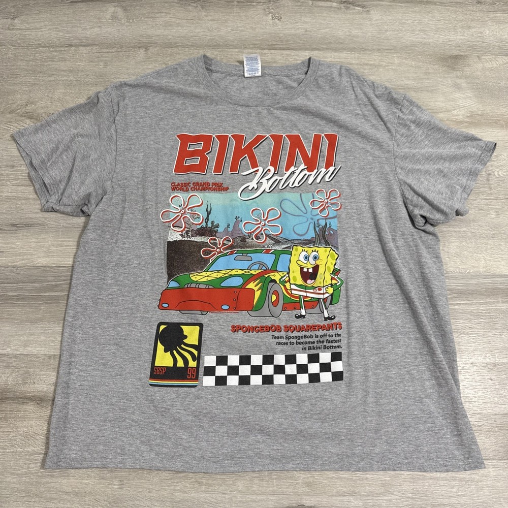 SpongeBob SquarePants Shirt Bikini Bottom Race Car Men’s Gray 2XL 90% Cotton