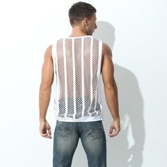 Mens Sexy Stripe Fishnet Tank Top See Through Mesh Sleeveless Tank Shirt Holl…