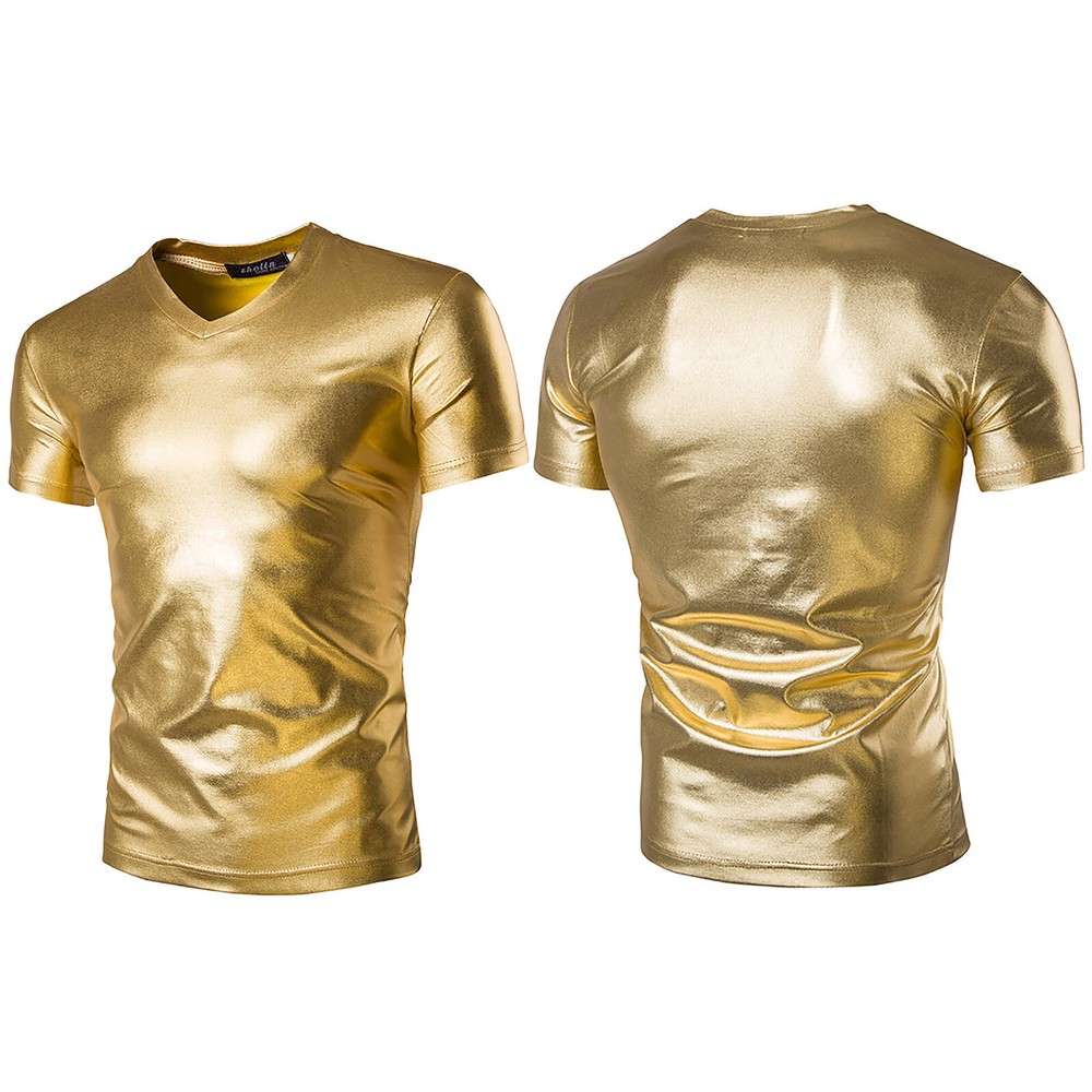 Men Shiny Metallic V Neck Short Sleeve T-shirt Shirt Slim Fit Tops Nightclub