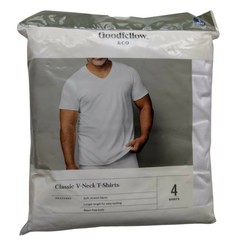 GOODFELLOW Classic T-shirts 100% Cotton WHITE V-NECK 4 ct Soft Stretch – XLARGE